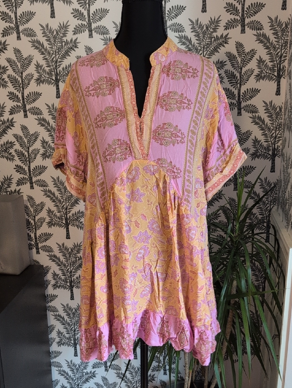 Umgee Pink & Yellow Boho Floral Split-Neck Tunic